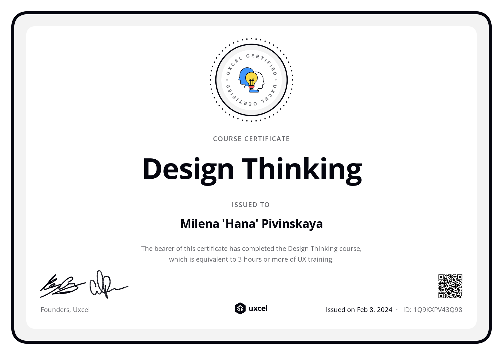 Milena 'Hana' Pivinskaya's certificate